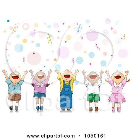 Royalty-Free (RF) Clip Art Illustration of Happy Party Kids Celebrating With Their Hands Up by BNP Design Studio