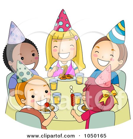 Royalty-Free (RF) Clip Art Illustration of Children Eating At A Birthday Party by BNP Design Studio