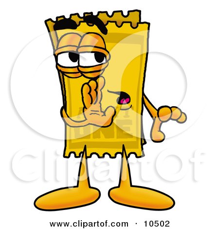 Clipart Picture of a Yellow Admission Ticket Mascot Cartoon Character Whispering and Gossiping by Mascot Junction