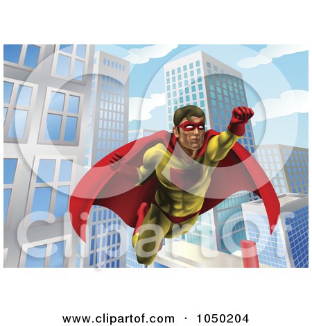 Royalty-Free (RF) Clip Art Illustration of a Super Hero Man In Flight In A City by AtStockIllustration