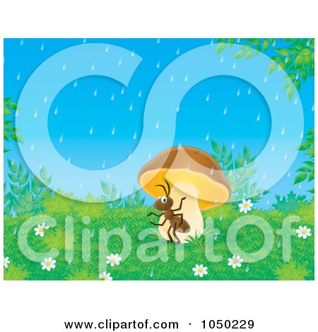 Royalty-Free (RF) Clip Art Illustration of an Ant Seeking Shelter From The Rain Under A Mushroom by Alex Bannykh
