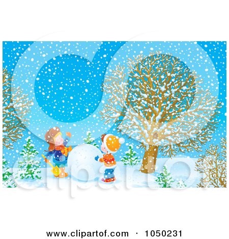 Royalty-Free (RF) Clip Art Illustration of Boys Working Together To Make A Snowman by Alex Bannykh