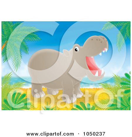 Royalty-Free (RF) Clip Art Illustration of a Hippo On A Tropical Beach by Alex Bannykh