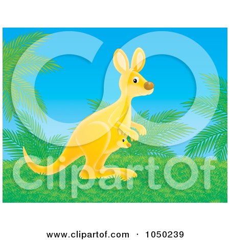 Royalty-Free (RF) Clip Art Illustration of a Kangaroo And Joey By Palm Trees by Alex Bannykh