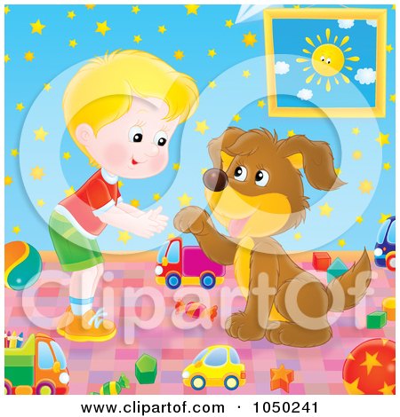 Royalty-Free (RF) Clip Art Illustration of a Boy Teaching His Dog How To Shake Paws by Alex Bannykh
