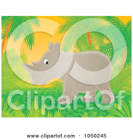 Royalty-Free (RF) Clip Art Illustration of a Rhino Under Palm Trees by Alex Bannykh