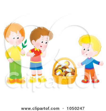 Royalty-Free (RF) Clip Art Illustration of Boys With A Basket Of Mushrooms by Alex Bannykh