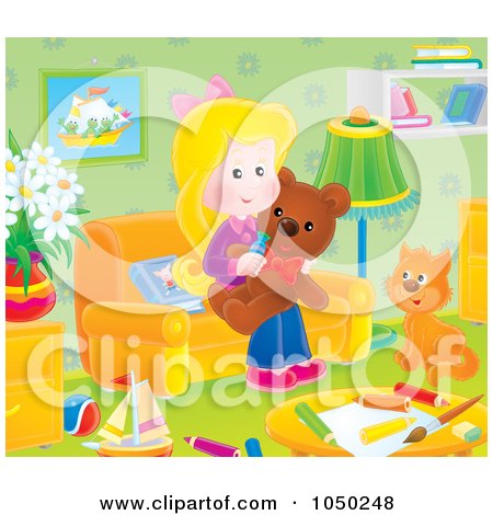Royalty-Free (RF) Clip Art Illustration of a Girl Holding A Teddy Bear In A Play Room by Alex Bannykh