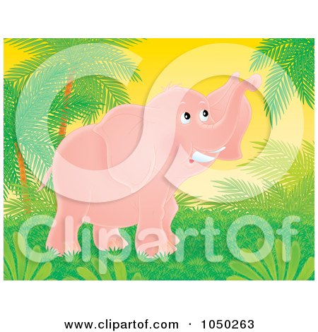 Royalty-Free (RF) Clip Art Illustration of a Pink Elephant Under Palm Trees by Alex Bannykh