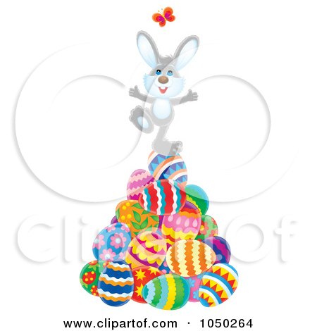 Royalty-Free (RF) Clip Art Illustration of a Happy Easter Bunny Chasing A Butterfly On A Pile Of Eggs by Alex Bannykh