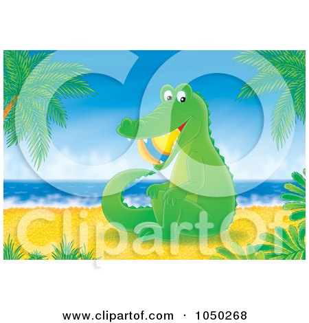 Royalty-Free (RF) Clip Art Illustration of an Alligator With A Beach Ball In His Mouth, On The Shore by Alex Bannykh