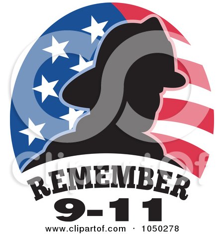 Royalty-Free (RF) Clip Art Illustration of a Silhouetted Fireman Over An American Flag And Remember 9-11 Text by patrimonio