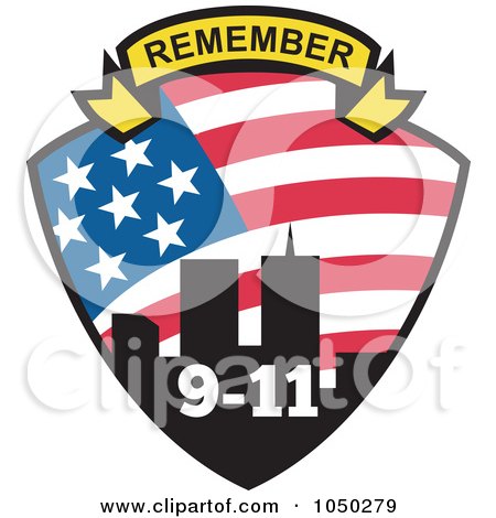 Royalty-Free (RF) Clip Art Illustration of a Remember Banner Over A Twin Towers Shield With 9-11 by patrimonio