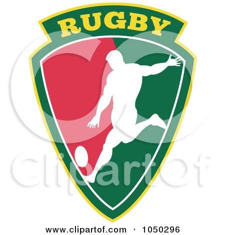 Royalty-Free (RF) Clip Art Illustration of a Rugby Player On A Green And Red Shield by patrimonio