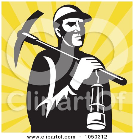 Royalty-Free (RF) Clip Art Illustration of a Retro Miner Carrying A Pickax And Lantern by patrimonio