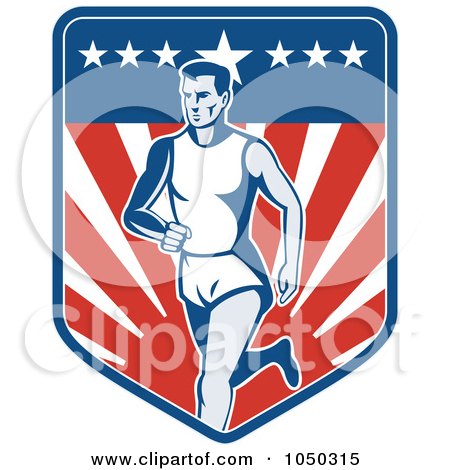 Royalty-Free (RF) Clip Art Illustration of a Patriotic American Marathon Runner Over A Shield by patrimonio