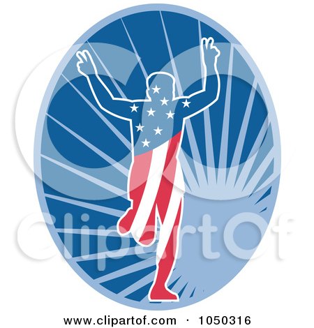 Royalty-Free (RF) Clip Art Illustration of a Patriotic American Marathon Runner Over A Blue Burst Oval by patrimonio