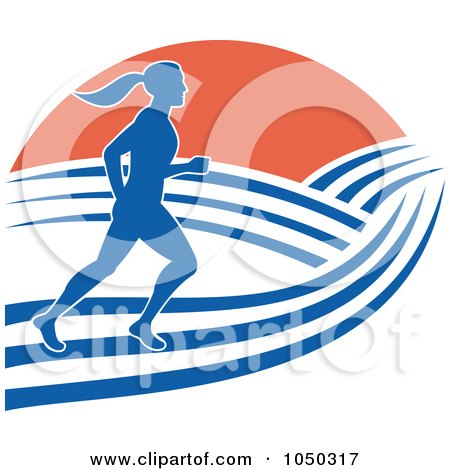 Royalty-Free (RF) Clip Art Illustration of a Female Marathon Runner With Hills And Sunrise by patrimonio