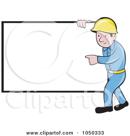 Royalty-Free (RF) Clip Art Illustration of a Construction Worker Pointing At A Blank Sign by patrimonio