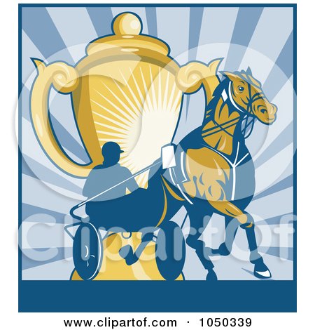 Royalty-Free (RF) Clip Art Illustration of a Harness Racing Man And Horse With Gold Trophy Over Blue Rays by patrimonio