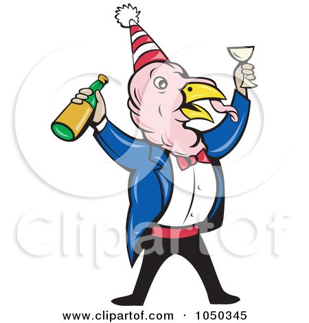 Royalty-Free (RF) Clip Art Illustration of a Partying Turkey Holding A Wine Bottle by patrimonio