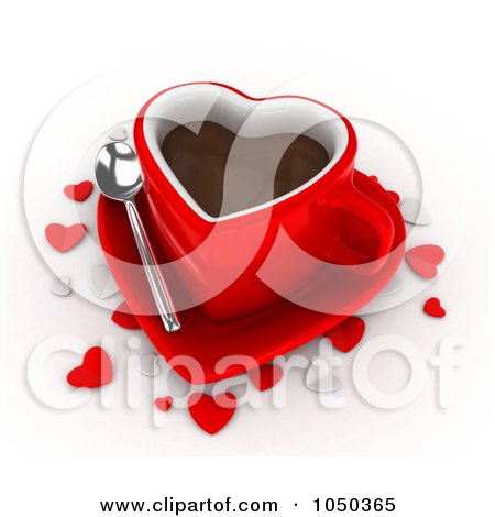 Royalty-Free (RF) Clip Art Illustration of a 3d Red Heart Shaped Coffee Cup On A Saucer, With Confetti Hearts by BNP Design Studio