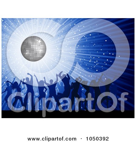 Royalty-Free (RF) Clip Art Illustration of Silhouetted Dancers Over A Blue Disco Burst by KJ Pargeter