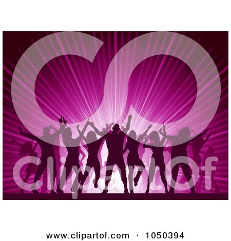 Royalty-Free (RF) Clip Art Illustration of Silhouetted Dancers Over A Pink Party Burst by KJ Pargeter