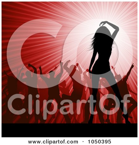 Royalty-Free (RF) Clip Art Illustration of Silhouetted Dancers Over A Red Party Burst by KJ Pargeter