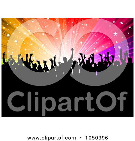 Royalty-Free (RF) Clip Art Illustration of a Silhouetted Crowd Of Fans Against A Rainbow Starry Burst by KJ Pargeter
