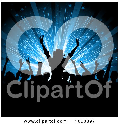 Royalty-Free (RF) Clip Art Illustration of a Silhouetted Crowd Of Fans Against A Blue Burst by KJ Pargeter