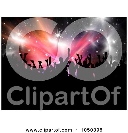 Royalty-Free (RF) Clip Art Illustration of a Silhouetted Party Crowd Over Stars And Bursts by KJ Pargeter