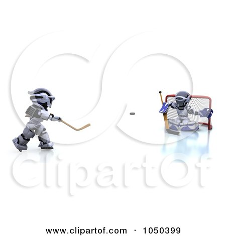 Royalty-Free (RF) Clip Art Illustration of 3d Robots Playing Hockey - 2 by KJ Pargeter