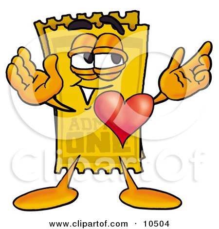 Clipart Picture of a Yellow Admission Ticket Mascot Cartoon Character With His Heart Beating Out of His Chest by Mascot Junction