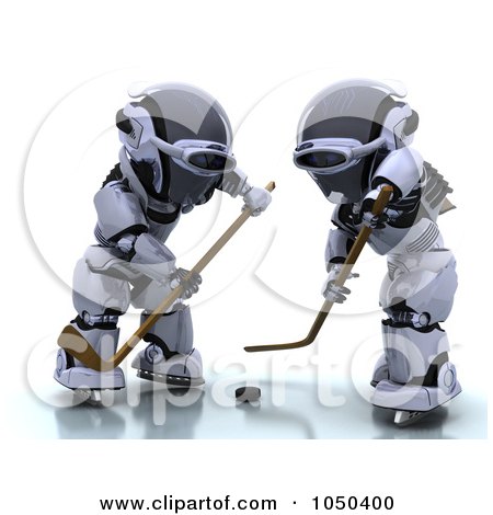 Royalty-Free (RF) Clip Art Illustration of 3d Robots Playing Hockey - 3 by KJ Pargeter