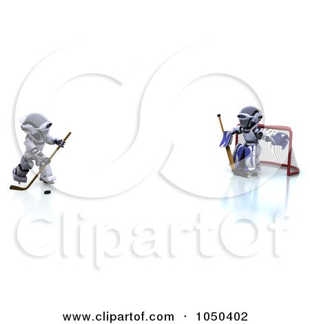 Royalty-Free (RF) Clip Art Illustration of 3d Robots Playing Hockey - 1 by KJ Pargeter