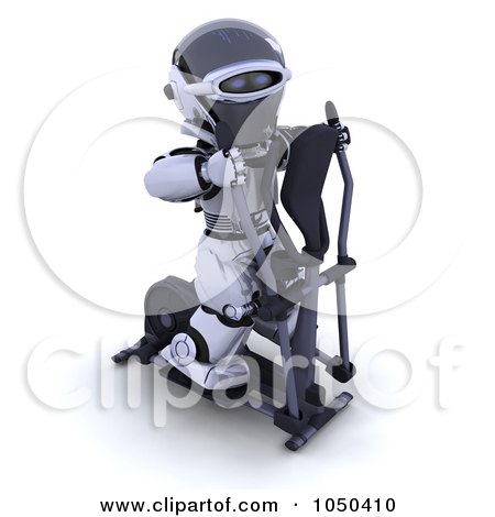 Royalty-Free (RF) Clip Art Illustration of a 3d Robot Exercising On A Crosstrainer - 1 by KJ Pargeter