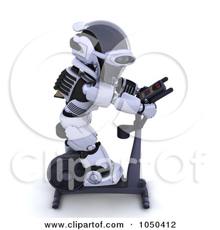 Royalty-Free (RF) Clip Art Illustration of a 3d Robot Exercising On A Crosstrainer - 4 by KJ Pargeter