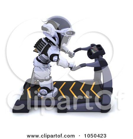 Royalty-Free (RF) Clip Art Illustration of a 3d Robot Getting On A Treadmill by KJ Pargeter