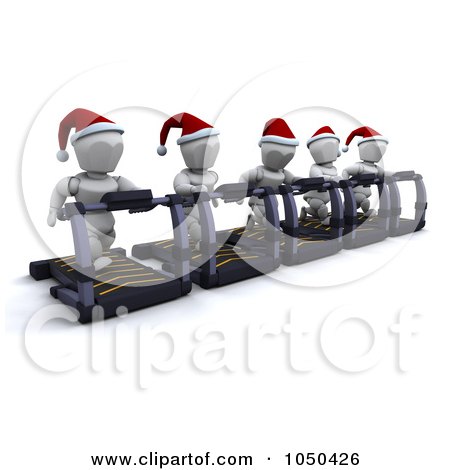 Royalty-Free (RF) Clip Art Illustration of 3d White Characters Wearing Santa Hats And Running On Treadmills by KJ Pargeter
