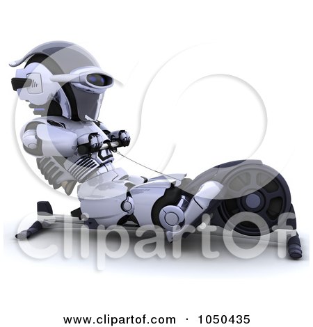Royalty-Free (RF) Clip Art Illustration of a 3d Robot Exercising On A Rowing Machine by KJ Pargeter