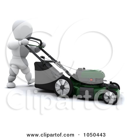 Royalty-Free (RF) Clip Art Illustration of a 3d White Character Pushing A Lawn Mower by KJ Pargeter