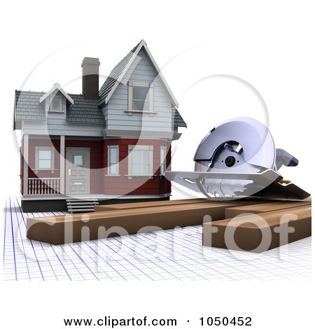 Royalty-Free (RF) Clip Art Illustration of a 3d House With Lumber And A Power Saw by KJ Pargeter