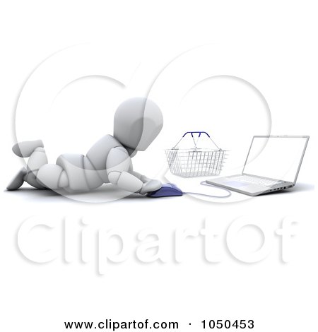 Royalty-Free (RF) Clip Art Illustration of a 3d White Character With A Laptop And Shopping Basket On The Floor by KJ Pargeter