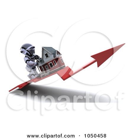 Royalty-Free (RF) Clip Art Illustration of a 3d Robot Pushing A Home Up An Arro by KJ Pargeter