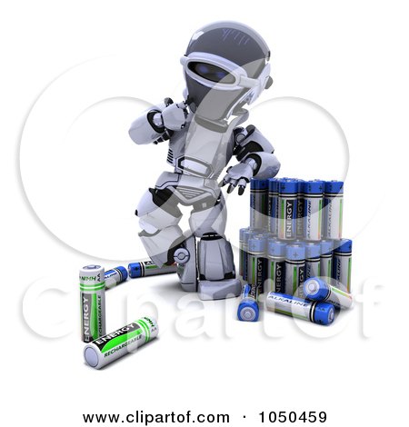 Royalty-Free (RF) Clip Art Illustration of a 3d Robot Comparing Batteries by KJ Pargeter