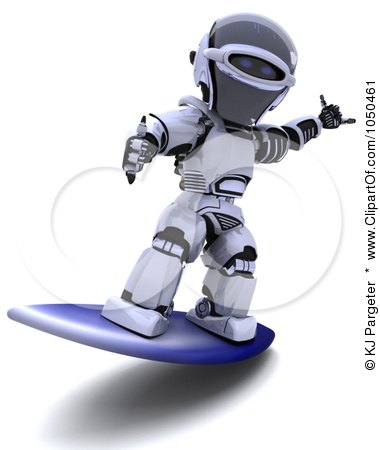 Royalty-Free (RF) Clip Art Illustration of a 3d Robot Surfing by KJ Pargeter