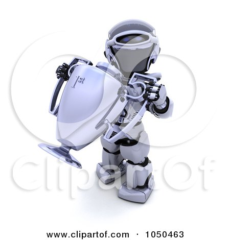 Royalty-Free (RF) Clip Art Illustration of a 3d Robot Holding A Silver Tophy by KJ Pargeter