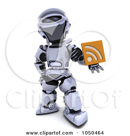 Royalty-Free (RF) Clip Art Illustration of a 3d Robot Holding An Rss Symbol by KJ Pargeter