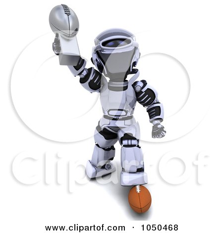 Royalty-Free (RF) Clip Art Illustration of a 3d Football Robot Holding A Trophy by KJ Pargeter